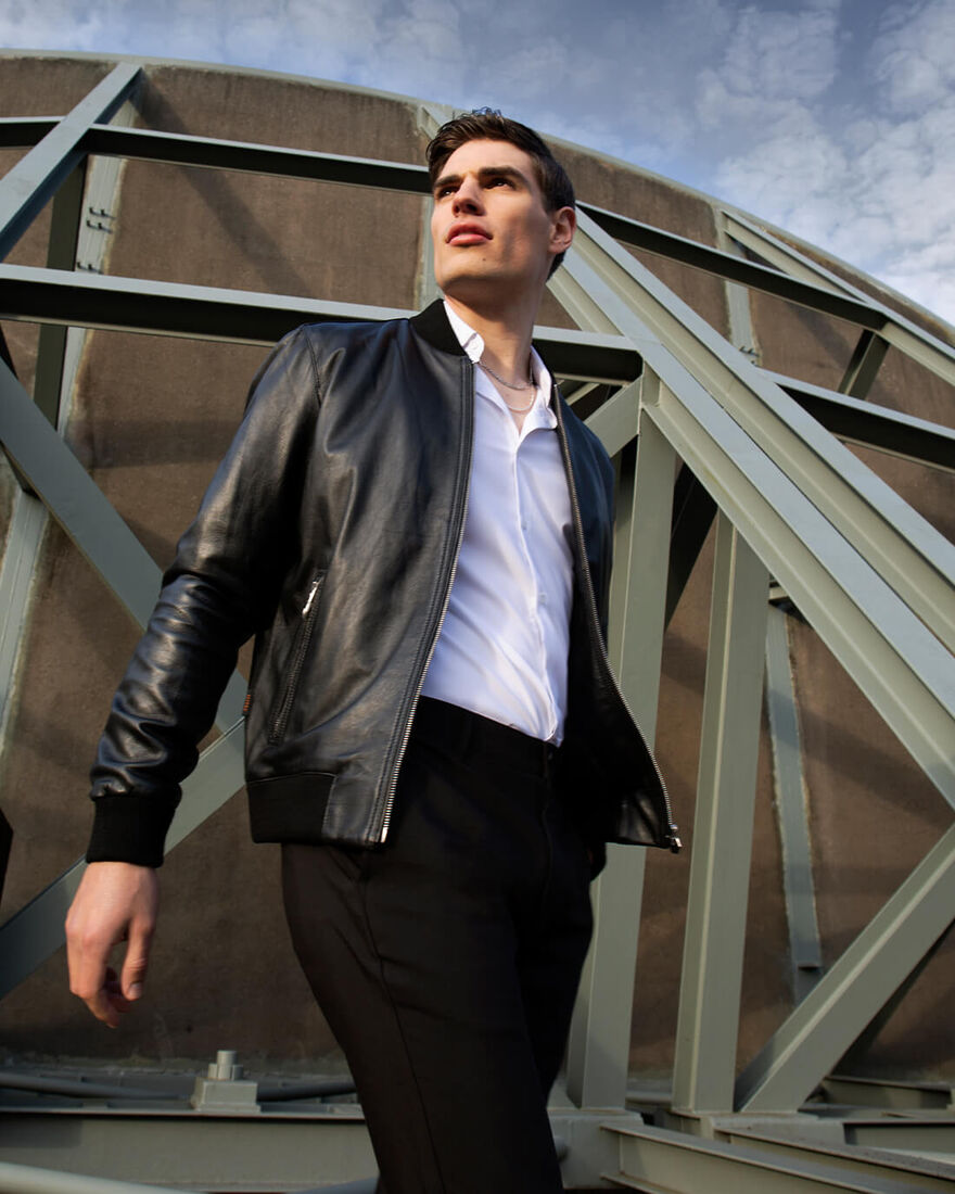 Julio Leather Bomber, Black, hi-res
